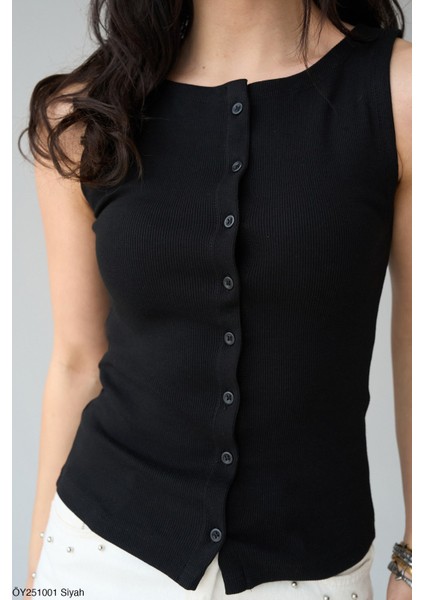 Kadın Siyah Bisiklet Yaka Düğmeli Bluz