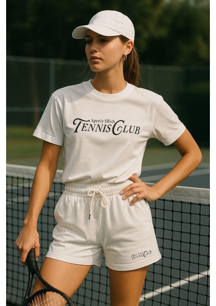 Kadın Sporty Kısa Kollu Bisiklet Yaka Oversize T-Shirt ve Şortlu Alt Üst Takım Tenis Ikili Takım