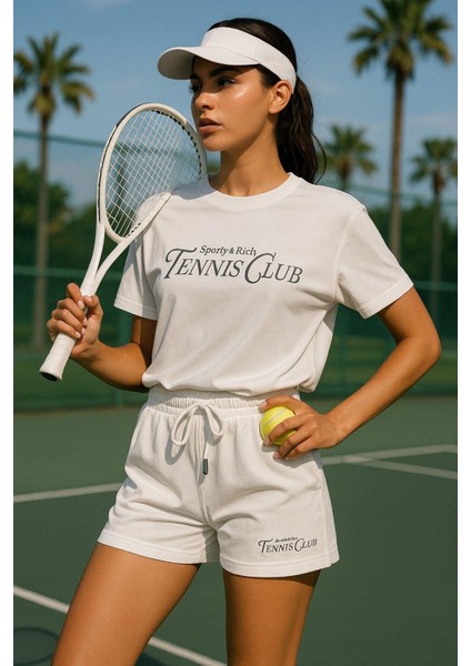 Kadın Sporty Kısa Kollu Bisiklet Yaka Oversize T-Shirt ve Şortlu Alt Üst Takım Tenis Ikili Takım fırsatları
