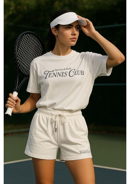 Kadın Sporty Kısa Kollu Bisiklet Yaka Oversize T-Shirt ve Şortlu Alt Üst Takım Tenis Ikili Takım indirimleri