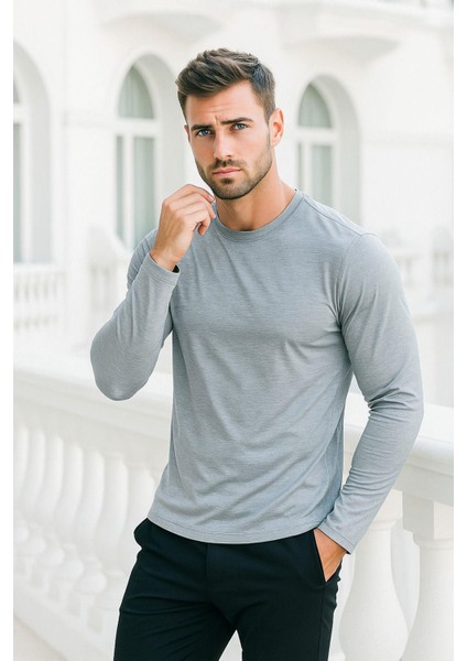 Erkek Uzun Kollu Bisiklet Yaka Tişört - %100 Pamuk Basic Relaxed T-Shirt