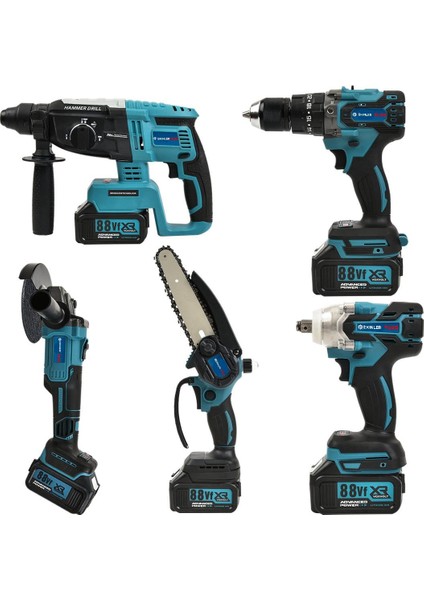 Akülü Süper 5li Set Makina 88VF 5AH 125MM Avuç Taşlama + Sds Plus Kırıcı Delici Hilti + Somun Sıkma Sökme + Vidalama Matkap + Budama Testere EEA376