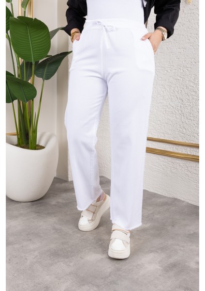 Beli Lastikli Keten Pantolon - Beyaz / A0104