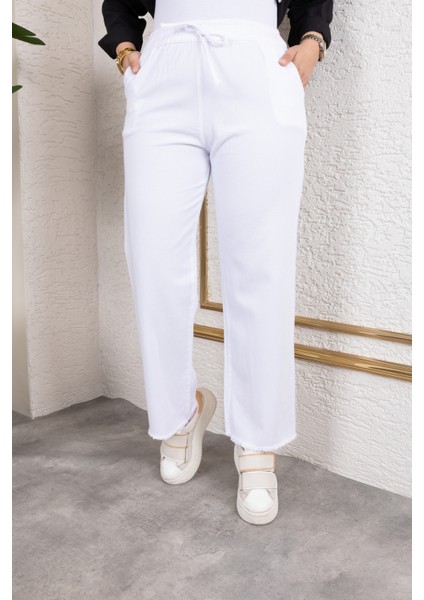 Beli Lastikli Keten Pantolon - Beyaz / A0104 fiyatları