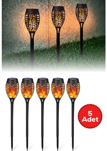 5’li Güneş Enerjili Alev Efektli LED Meşale | Solar Bahçe Aydınlatması ve Dış Mekan Lambası