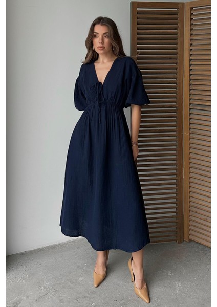 Beli Lastikli Bağcık Detaylı Yarım Kol Müslin Elbise Lacivert 9331-E