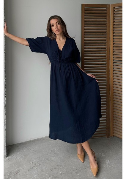 Beli Lastikli Bağcık Detaylı Yarım Kol Müslin Elbise Lacivert 9331-E fiyatları