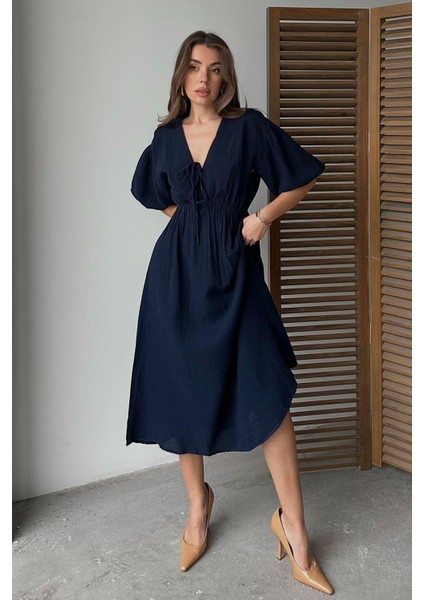 Beli Lastikli Bağcık Detaylı Yarım Kol Müslin Elbise Lacivert 9331-E modelleri