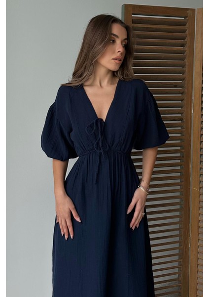 Beli Lastikli Bağcık Detaylı Yarım Kol Müslin Elbise Lacivert 9331-E indirimleri