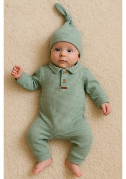 Waffle Desenli Yakalı Erkek Bebek Tulum % 100 Pamuk