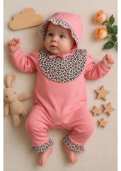 Leopar Detaylı Şapkalı Tulum %100 Pamuk