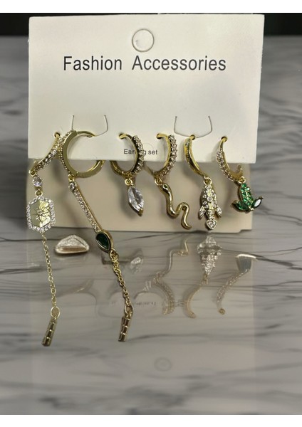 Kadın Vip Seri Zirkon Taşlı Karışık Figürlü 6'lı Küpe Paslanmaz Kararmaz