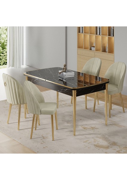 Rada Serisi 80x132 Açılabilir Lak Panel Siyah Mermer Desen Masa 4 Krem Sandalye Gold Detay