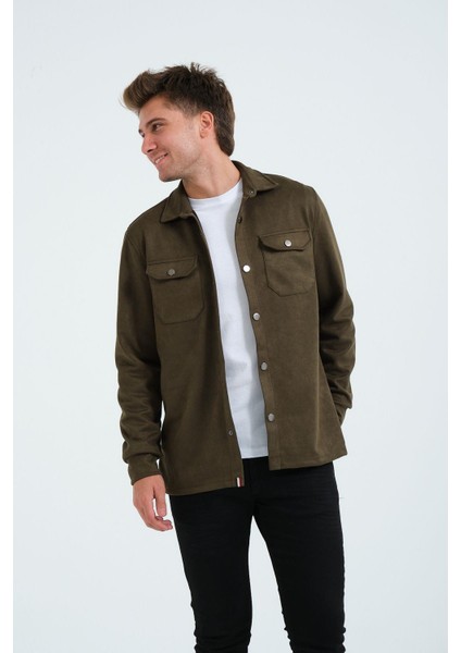 Haki Erkek Süet Gömlek Tişört Üstü Kalın Gömlek Yeşil Ceket