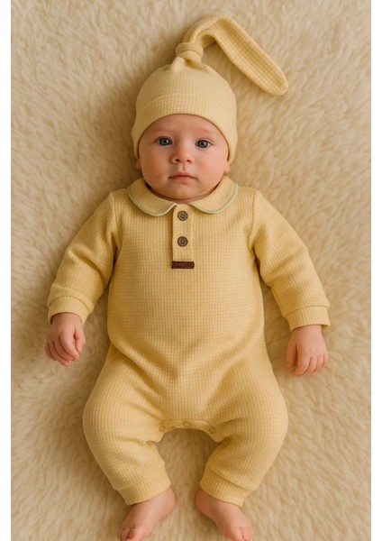 Waffle Desenli Yakalı Erkek Bebek Tulum % 100 Pamuk