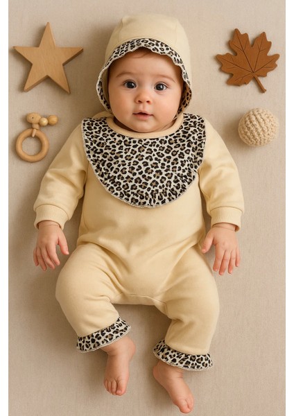 Leopar Detaylı Şapkalı Tulum %100 Pamuk