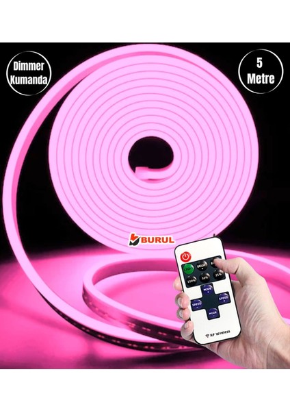 5 Metre Pembe Işık Esnek Neon LED Şerit Dimmer Kumandalı Dekoratif Aydınlatma Seti SB-6537
