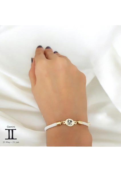 14 Ayar Altın Plakalı Ikizler Burçları Için Beyaz Ipek Örgülü Oval Figürlü Hediye BILEKLIK-424BURÇ