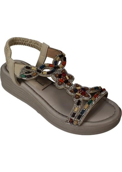 Yazkış Kadın Siyah Ten Üzeri Taşlı Bileği Lastikli 4cm Rahat Taban Sandalet