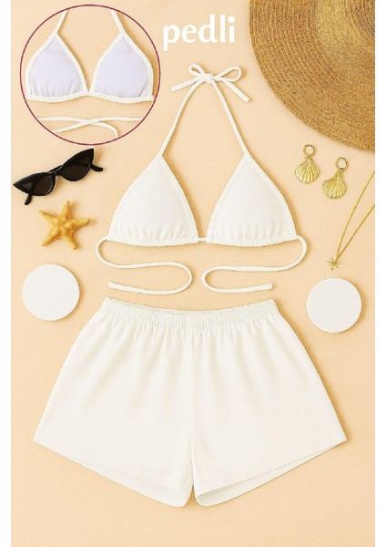 Kadın Beyaz Şortlu Belden ve Boyundan Bağlamalı Bikini Takımı