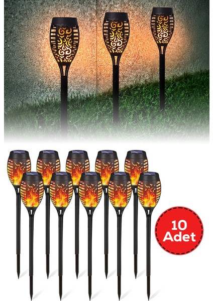 10’lu Güneş Enerjili Alev Efektli LED Meşale | Solar Bahçe Aydınlatması ve Dış Mekan Lambası