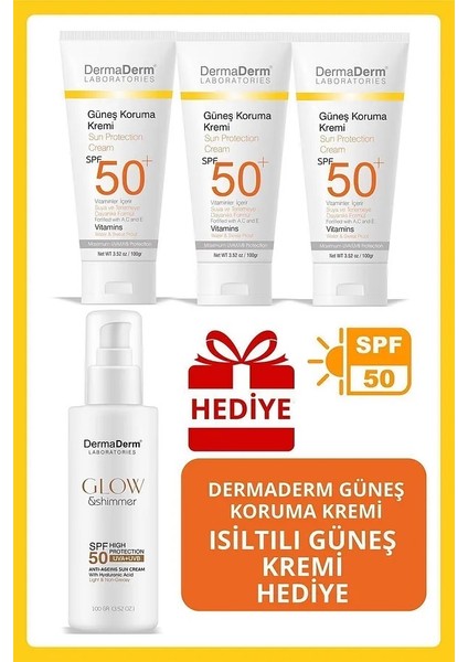 3 Adet Spf 50+ Güneş Koruma Vitaminli Yüz ve Vücut Güneş Kremi 3 x 100 Ml. ve 1 Adet Işıltılı Parlatıcı Etkili Güneş Kremi 100 Gr