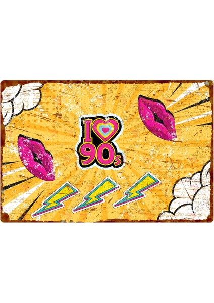90’lar Temalı Renkli Metal Tabela – I ❤️ 90S Yazılı Pop Art Duvar Süsü – Uv Baskılı Levha