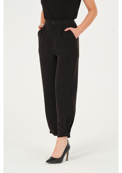Kadın Siyah Yüksek Bel Düğmeli Paça Dokuma Pantolon fiyatları