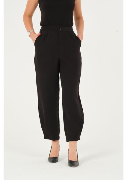 Kadın Siyah Yüksek Bel Düğmeli Paça Dokuma Pantolon modelleri