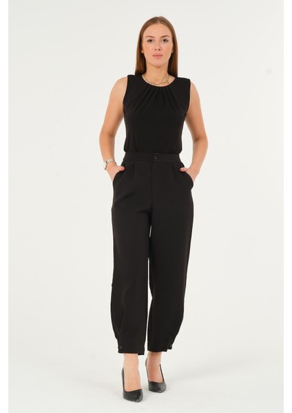 Kadın Siyah Yüksek Bel Düğmeli Paça Dokuma Pantolon fırsatları