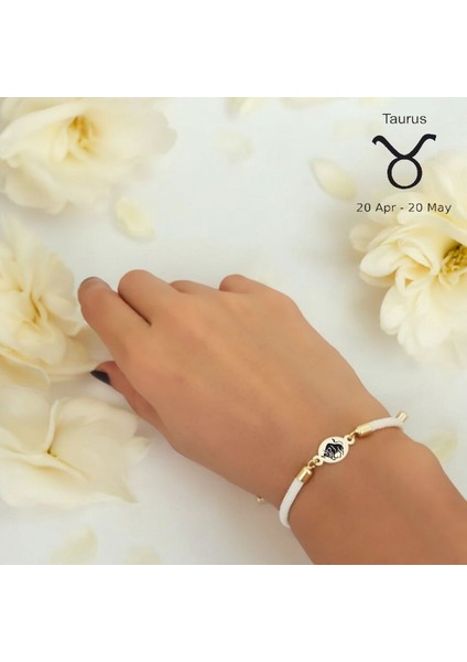 14 Ayar Plakalı Altın Boğa Burçları Için Oval Figürlü Beyaz Ipek Örgülü Hediye BILEKLIK-424BURÇ