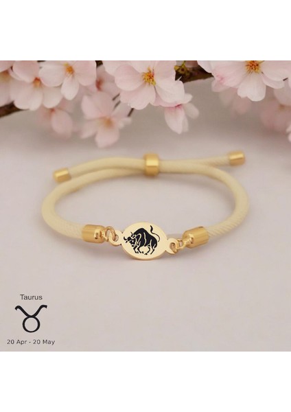 14 Ayar Plakalı Altın Boğa Burçları Için Oval Figürlü Beyaz Ipek Örgülü Hediye BILEKLIK-424BURÇ fiyatları