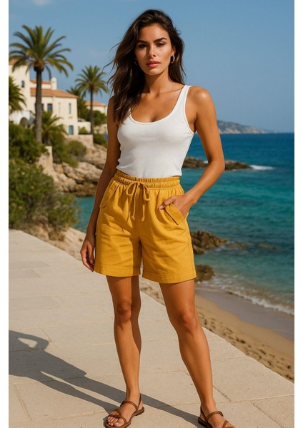 Kadın Yüksek Bel Cepli Bağcıklı Çift Cep Kapaklı Rahat Turuncu Şort - Yazlık Günlük Oversize Şort