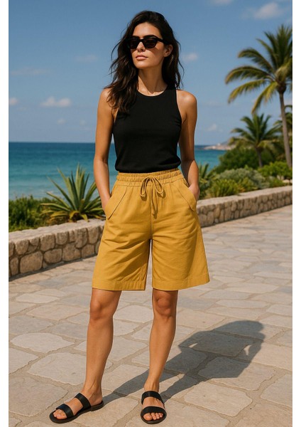 Kadın Yüksek Bel Cepli Bağcıklı Çift Cep Kapaklı Rahat Turuncu Şort - Yazlık Günlük Oversize Şort fiyatları