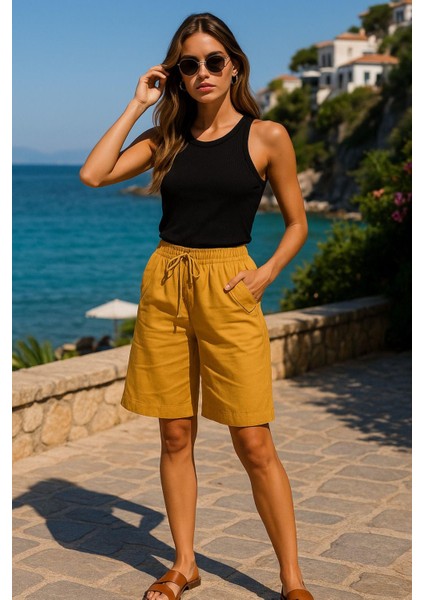 Kadın Yüksek Bel Cepli Bağcıklı Çift Cep Kapaklı Rahat Turuncu Şort - Yazlık Günlük Oversize Şort modelleri