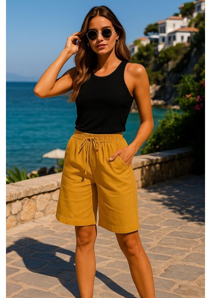 Kadın Yüksek Bel Cepli Bağcıklı Çift Cep Kapaklı Rahat Turuncu Şort - Yazlık Günlük Oversize Şort fırsatları