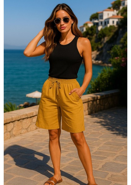 Kadın Yüksek Bel Cepli Bağcıklı Çift Cep Kapaklı Rahat Turuncu Şort - Yazlık Günlük Oversize Şort indirimleri