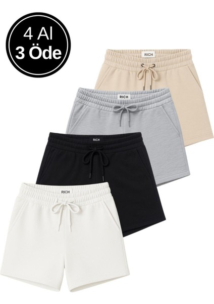 Kadın 4'lü Paket Siyah-Beyaz-Gri-Bej Rahat Kesim Yumuşak Kumaş Beli Lastikli Yazlık Cepli Mini Şort