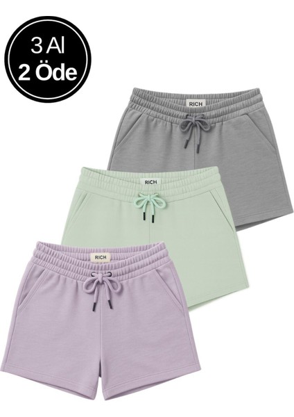 Kadın 3'lü Paket Füme-Yeşil-Lila Rahat Kesim Yumuşak Kumaş Beli Lastikli Yazlık Cepli Mini Şort