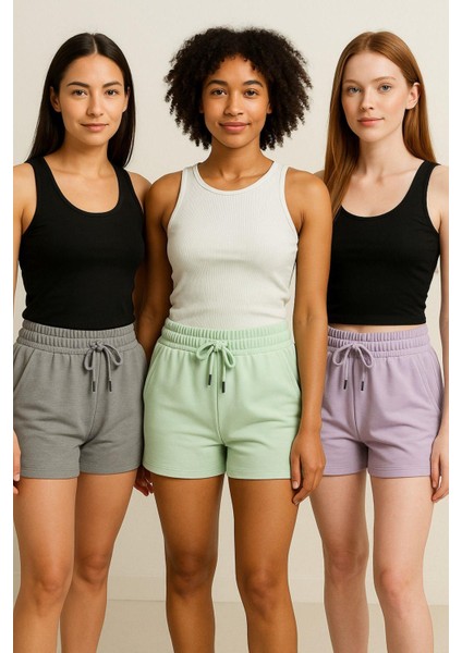 Kadın 3'lü Paket Füme-Yeşil-Lila Rahat Kesim Yumuşak Kumaş Beli Lastikli Yazlık Cepli Mini Şort modelleri