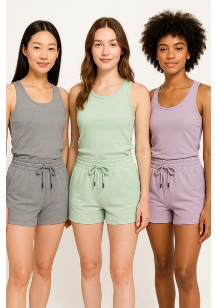 Kadın 3'lü Paket Füme-Yeşil-Lila Rahat Kesim Yumuşak Kumaş Beli Lastikli Yazlık Cepli Mini Şort indirimleri