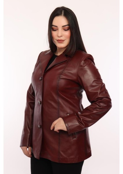 Hakiki Deri Bordo Düğmeli Kadın Ceket