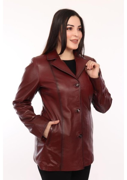 Hakiki Deri Bordo Düğmeli Kadın Ceket modelleri