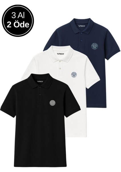 Erkek 3'lü Paket Tişört Rahat Kesim %100 Pamuklu Polo Yaka T-Shirt Siyah-Lacivert-Beyaz