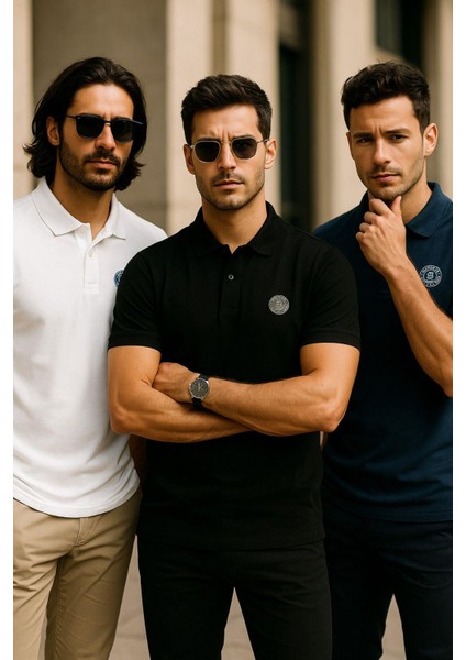 Erkek 3'lü Paket Tişört Rahat Kesim %100 Pamuklu Polo Yaka T-Shirt Siyah-Lacivert-Beyaz modelleri