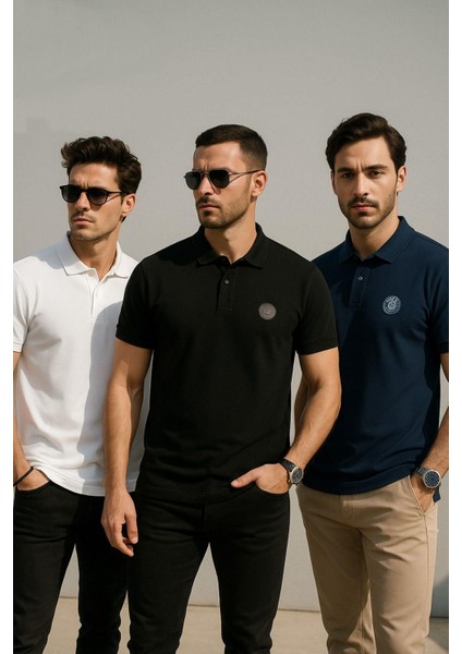 Erkek 3'lü Paket Tişört Rahat Kesim %100 Pamuklu Polo Yaka T-Shirt Siyah-Lacivert-Beyaz fırsatları