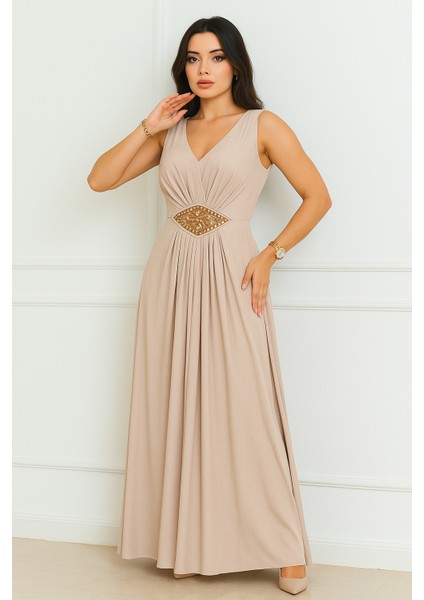 Kemeri Taşlı Krep Kolsuz Abiye Elbise 2789