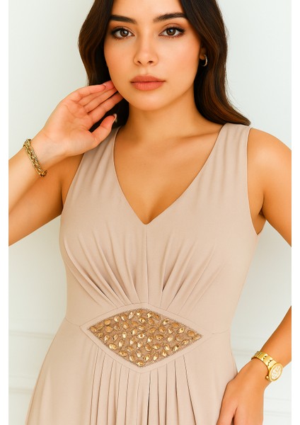 Kemeri Taşlı Krep Kolsuz Abiye Elbise 2789 fiyatları