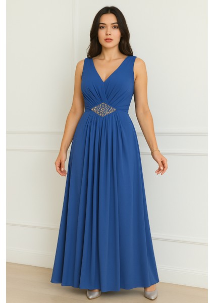 Kemeri Taşlı Krep Kolsuz Abiye Elbise 2789