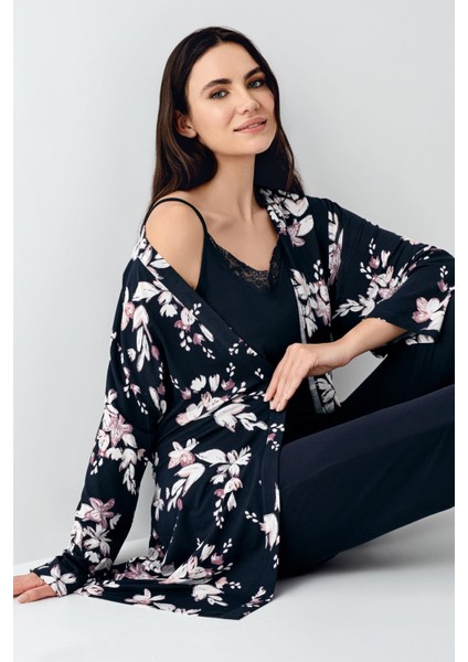 Kadın Lacivert 3'lü Pijama Takım, %50 Pamuk %50 Modal fiyatları